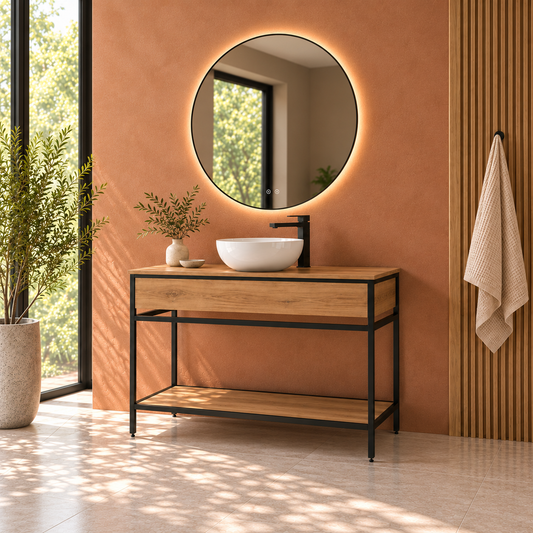 DORIA [1S] Mueble de baño DORIA con patas, balda y lavabo sobreencimera, vista de ángulo