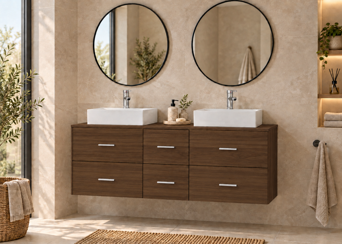 Mueble de baño MILOS 121 en Fresno Tea con dos lavabos LIBRA