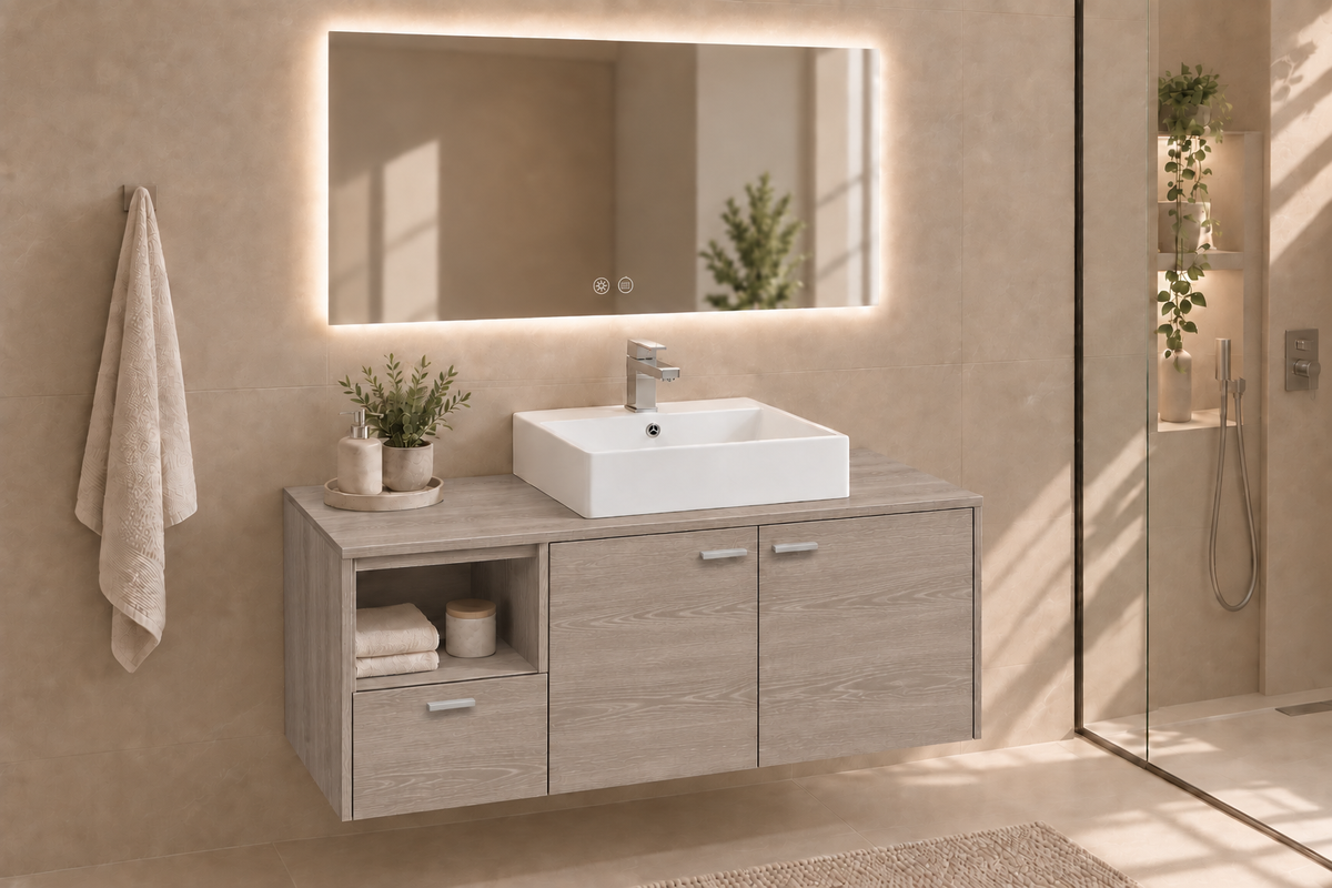 Mueble de baño NAXOS en Roble Smoky con lavabo Libra y tiradores